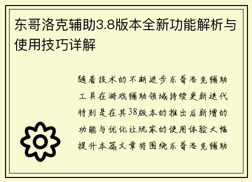 东哥洛克辅助3.8版本全新功能解析与使用技巧详解