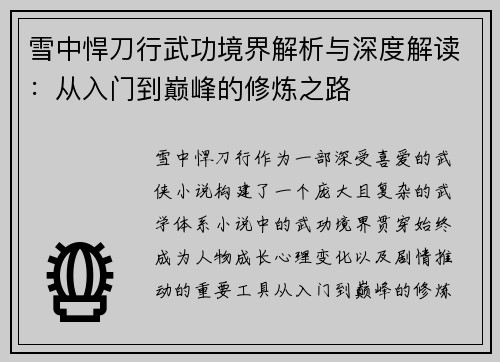 雪中悍刀行武功境界解析与深度解读：从入门到巅峰的修炼之路